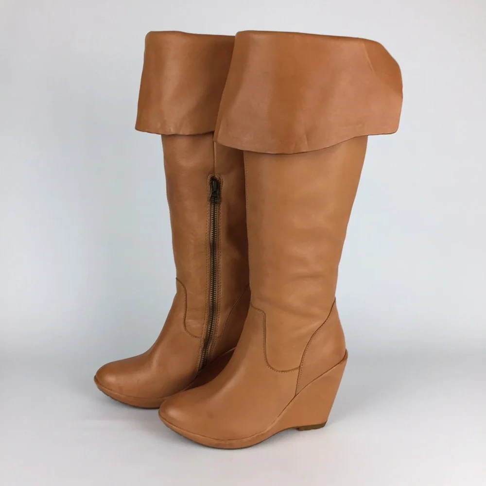 Kork Ease Adrianne Tan Leather Tall OTK Over the Knee Wedge Boot 6